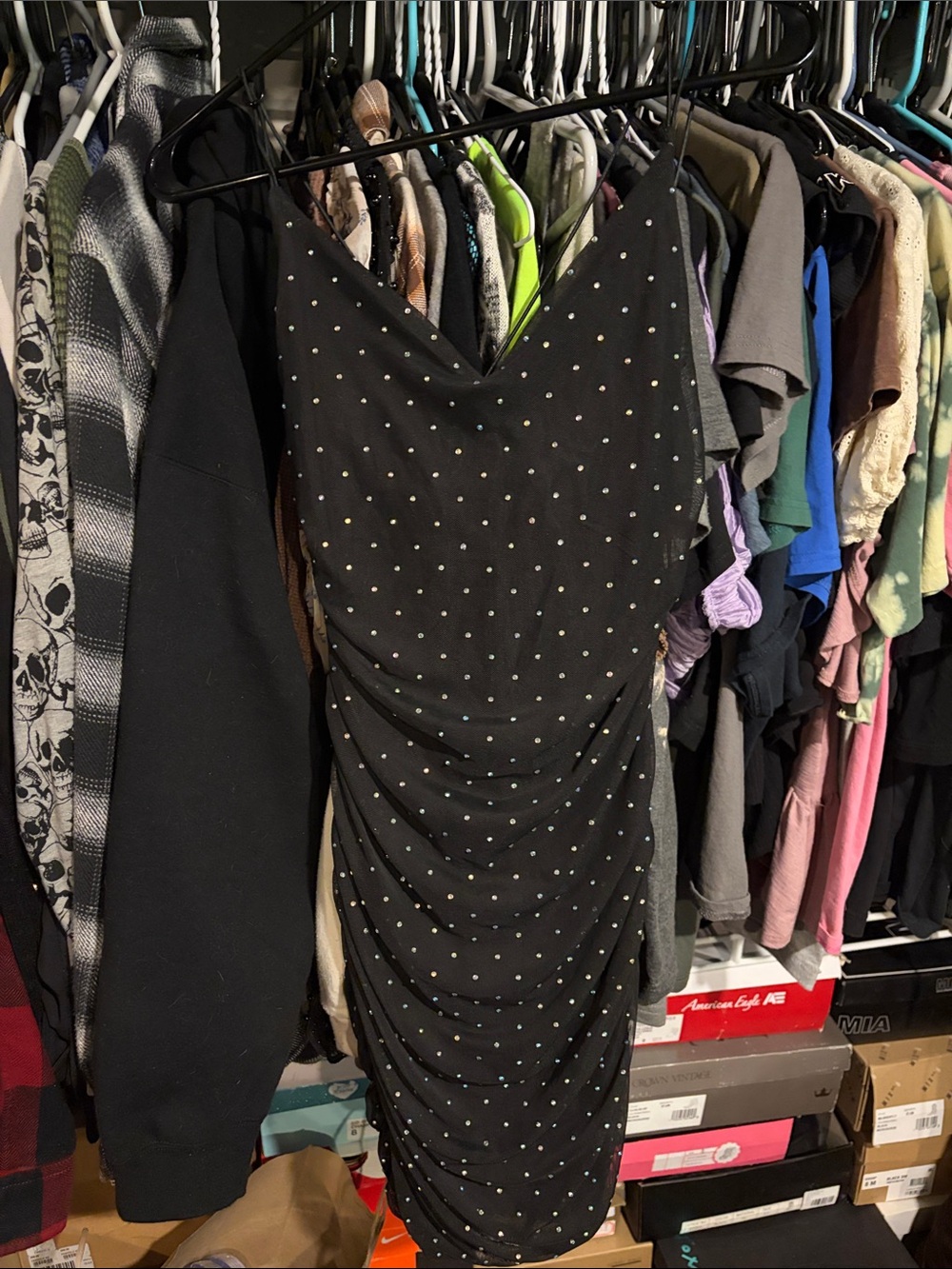 Black Ruched V-Neck Dress with Stud Detailing